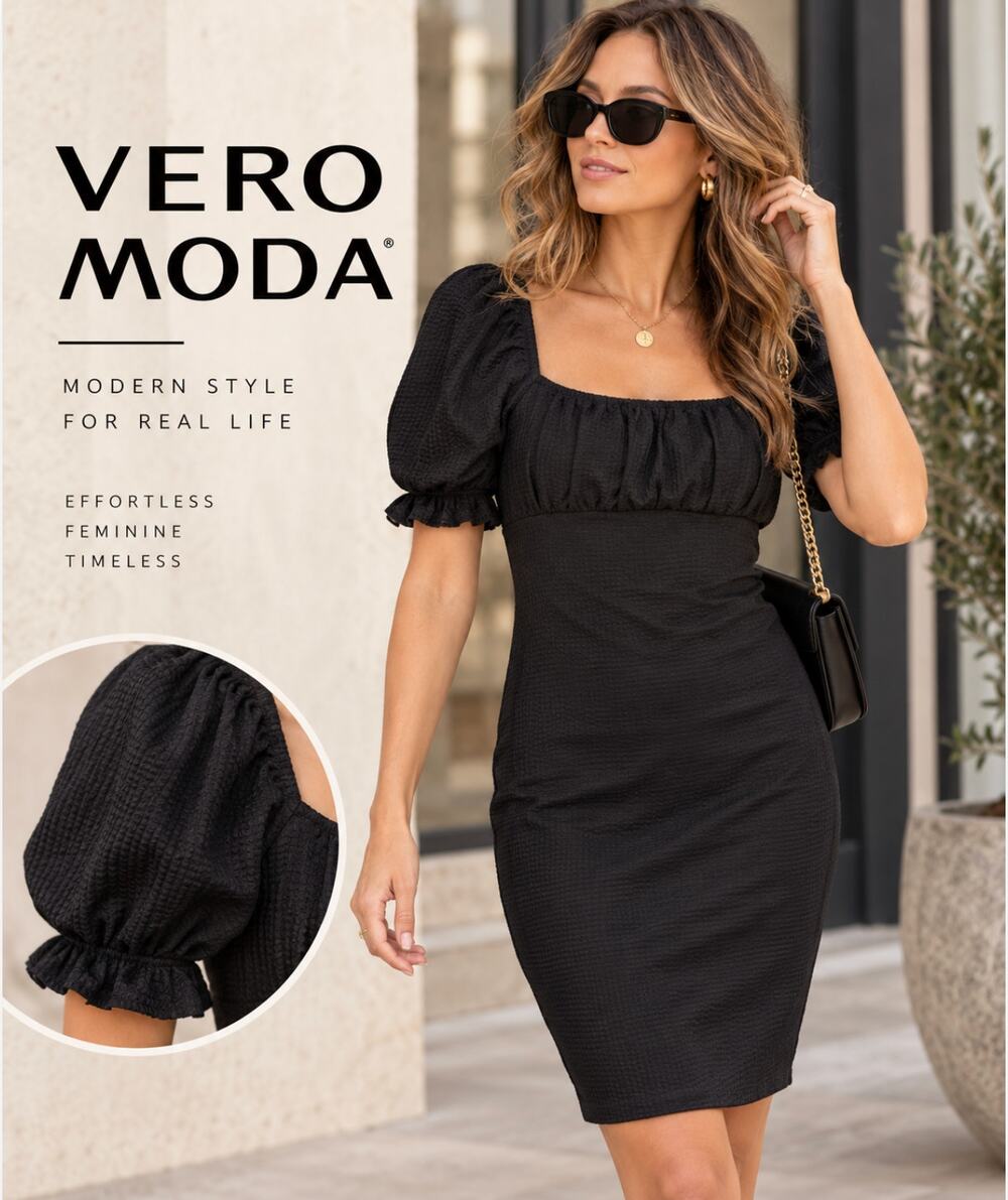 Vero Moda Black Puff Sleeve Mini Dress Square Neck Bodycon Size S NWT Party